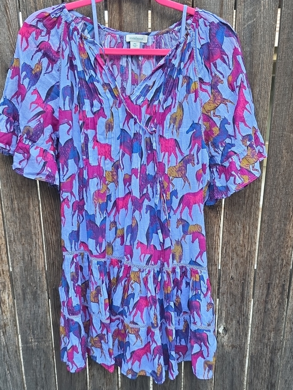 Sundance 100% Cotton Lavender Dress With Colorful Horses Pockets